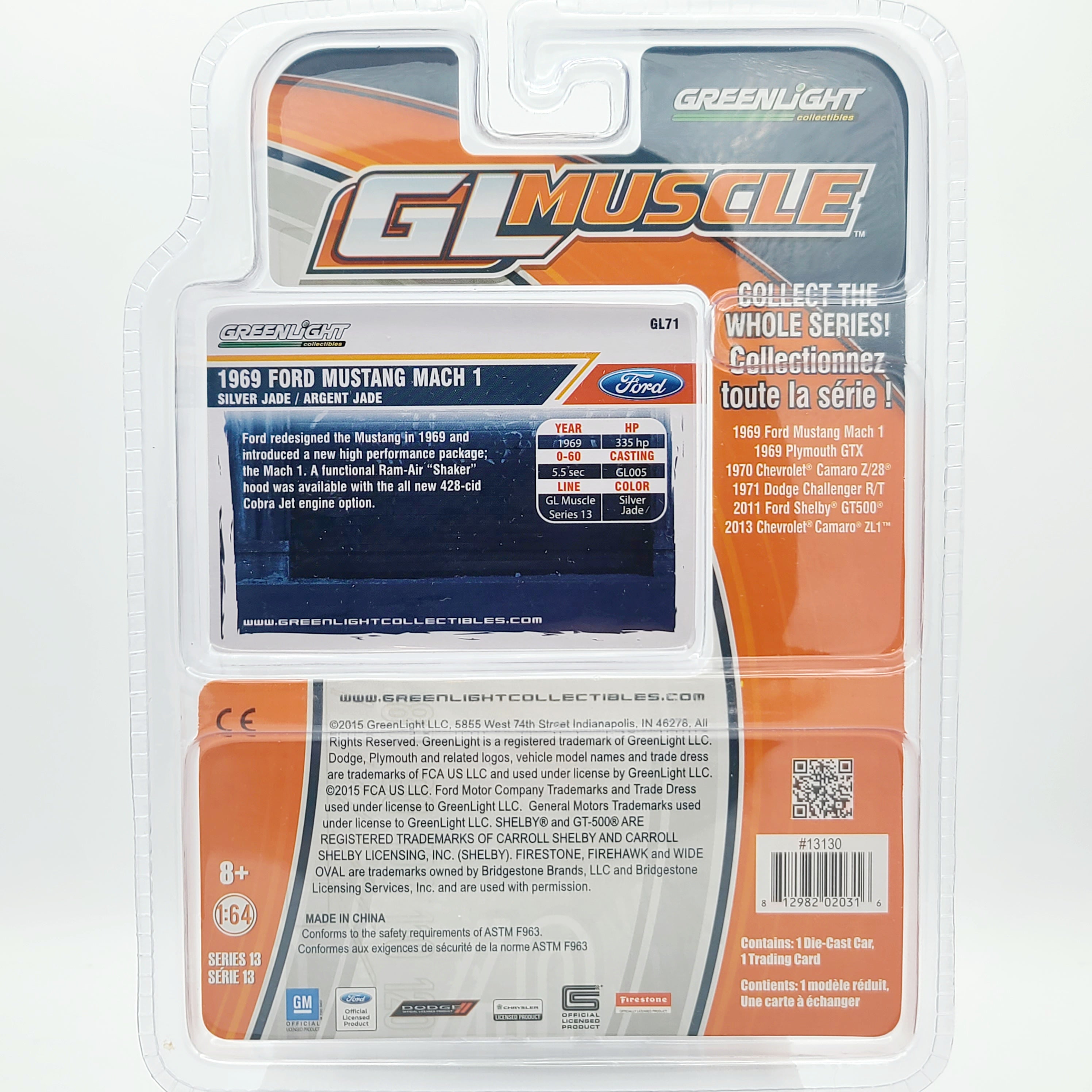 GreenLight '69 Ford Mustang Mach 1 w/ Trading Card - 1:64, Silver Jade (2015 GL Muscle Series 13)
